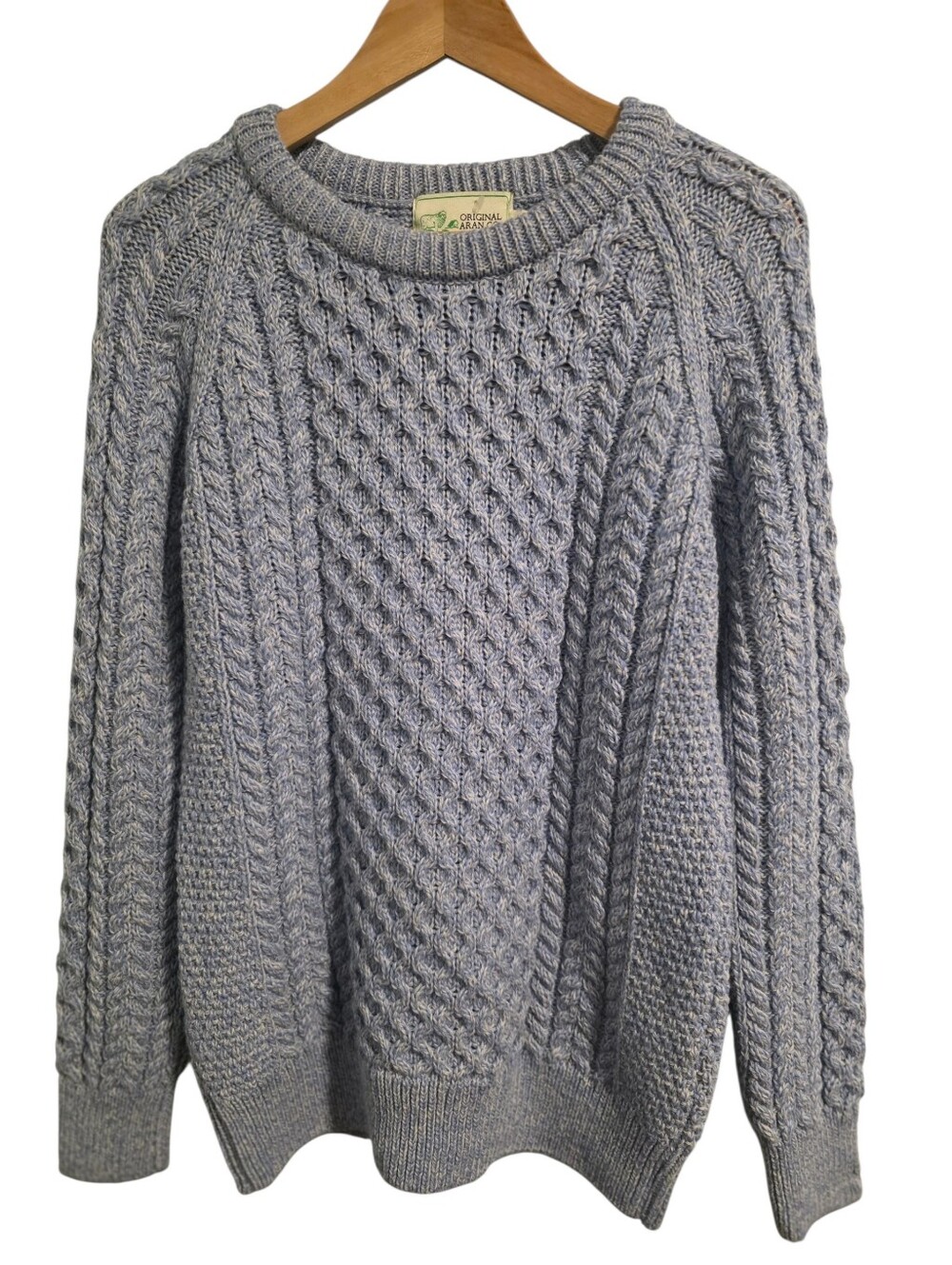Original Aran Co. EUC CableKnit CrewNeck Sweater 100% Merino Wool Blue & White M